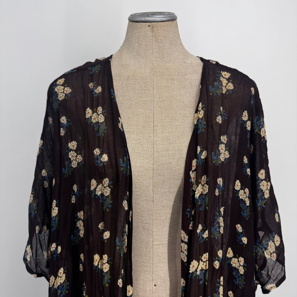 Natural Life Kimono Duster Women O/S Brown Floral Boho Rayon Longline Wrap - Picture 2 of 8
